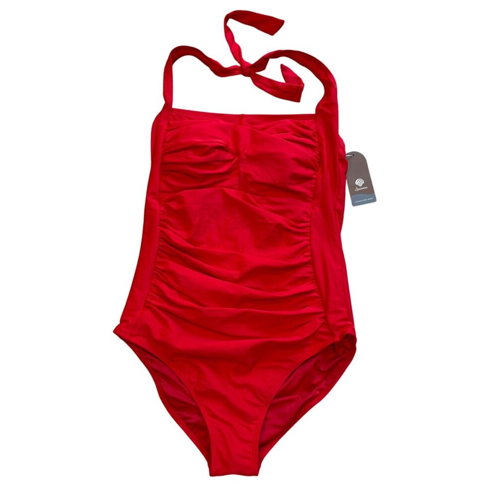 Smismivo Tummy Control One Piece Swimsuit Women's Size‎ Large Red Ruched Halter